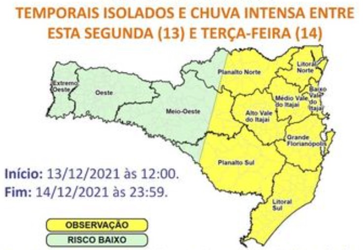 Mapa aponta risco de temporais e chance moderada de enxurradas e deslizamentos na parte amarela do desenho – Foto: DCSC/Divulga&ccedil;&atilde;o/ND