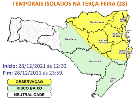 Mapa aponta locais onde temporais devem ser mais fortes em SC – Foto: DCSC/Divulga&ccedil;&atilde;o/ND
