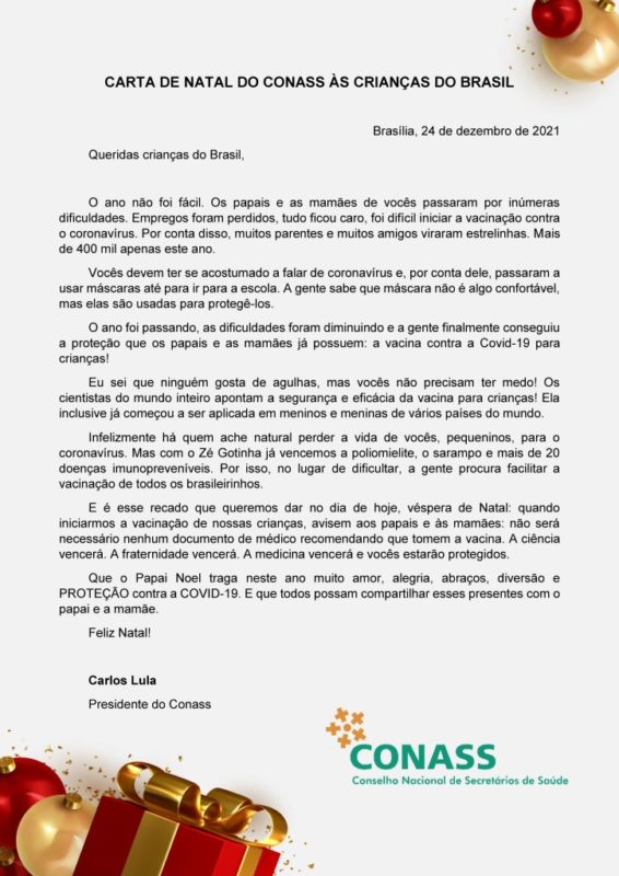 Carta do Conass para as crian&ccedil;as – Foto: Reprodu&ccedil;&atilde;o/ND