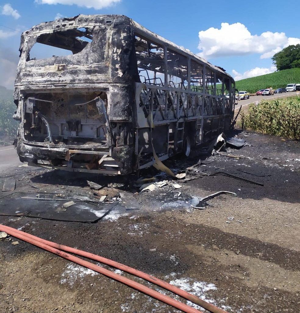 Ônibus foi totalmente destruído no incêndio. - CBMSC/Divulgação/ND