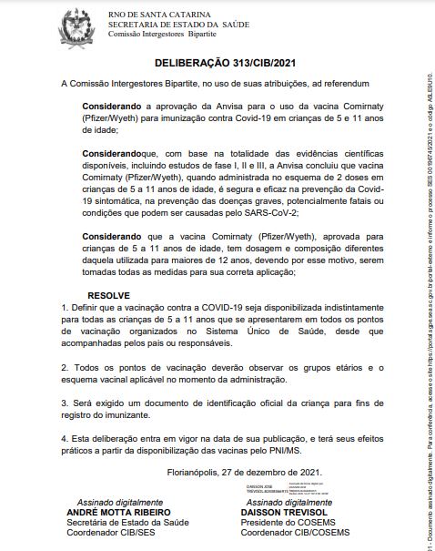 Santa Catarina ir&aacute; iniciar a vacina&ccedil;&atilde;o de crian&ccedil;as de 5 a 11 anos sem prescri&ccedil;&atilde;o m&eacute;dica – Foto: Reprodu&ccedil;&atilde;o/CIB/SES