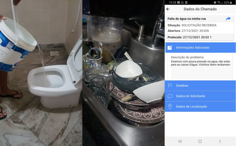 &Aacute;gua da piscina no banheiro e lou&ccedil;a que n&atilde;o pode ser lavada na pia devido a falta de &aacute;gua na casa de Cesar – Foto: Arquivo Pessoal