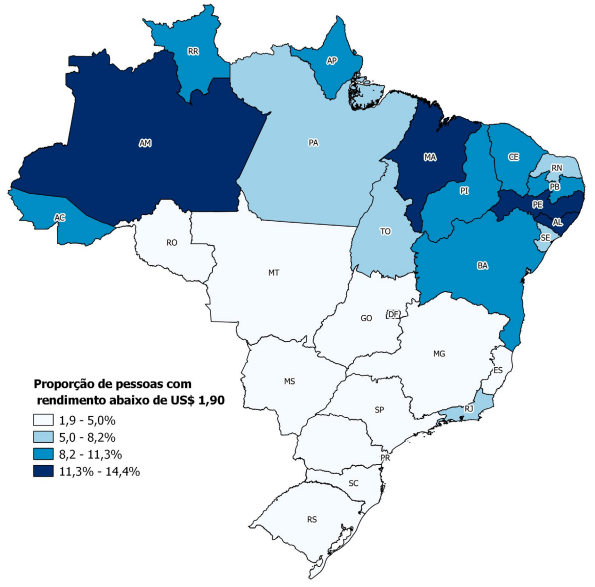 Proporção de pessoas com rendimento domiciliar per capita abaixo de US$ 1,90 PPC, segundo as Unidades da Federação em 2020 &#8211; Foto: IBGE/Divulgação/ND