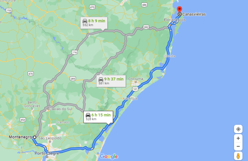 Dist&acirc;ncia entre Montenegro e Canasvieiras – Foto: Google Maps/Divulga&ccedil;&atilde;o/ND
