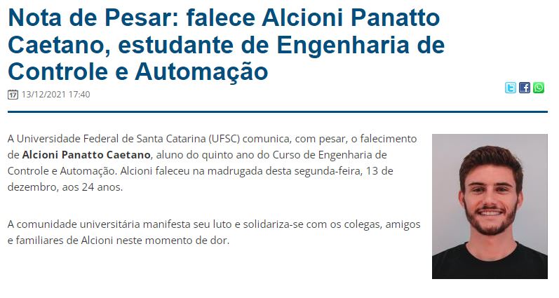 UFSC emite nota de pesar sobre a morte de Alcinoni Panatto – Foto: Internet/Reprodu&ccedil;&atilde;o/ND