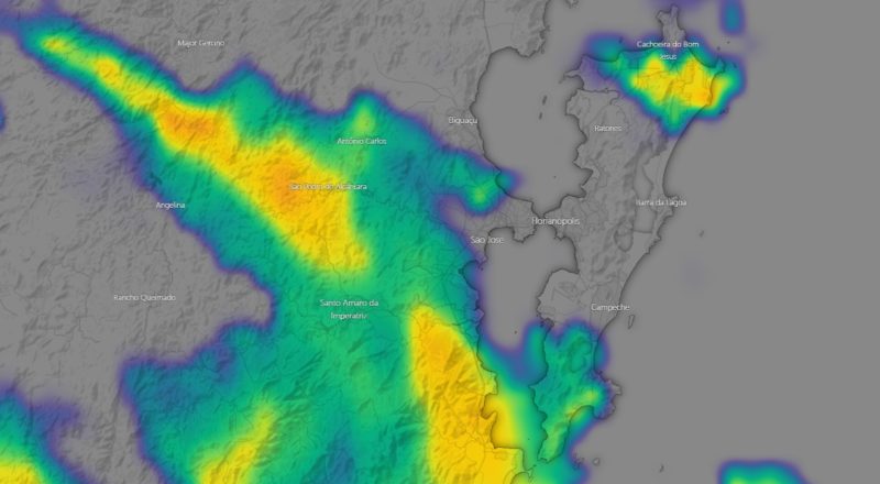 Mapa de domingo (5) mostra os pontos de chuva em SC &#8211; Foto: Piter Scheuer/Divulgação/ND