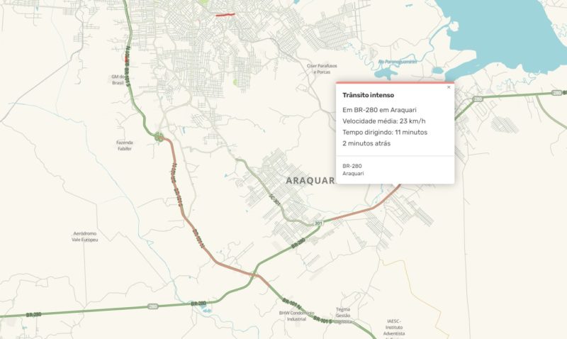 BR-101 e BR-280 registram lentidão nesta segunda-feira (27) – Foto: Waze/Reprodução