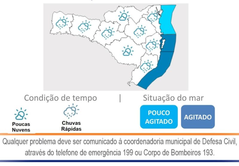 Mapa aponta regi&otilde;es onde deve haver chuva e mar agitado – Foto: DCSC/Divulga&ccedil;&atilde;o/ND