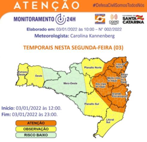 Litoral Sul, Vale do Itaja&iacute; e Grande Florian&oacute;polis em alerta de aten&ccedil;&atilde;o para temporais e chuva de granizo – Foto: DCSC/Divulga&ccedil;&atilde;o/ND