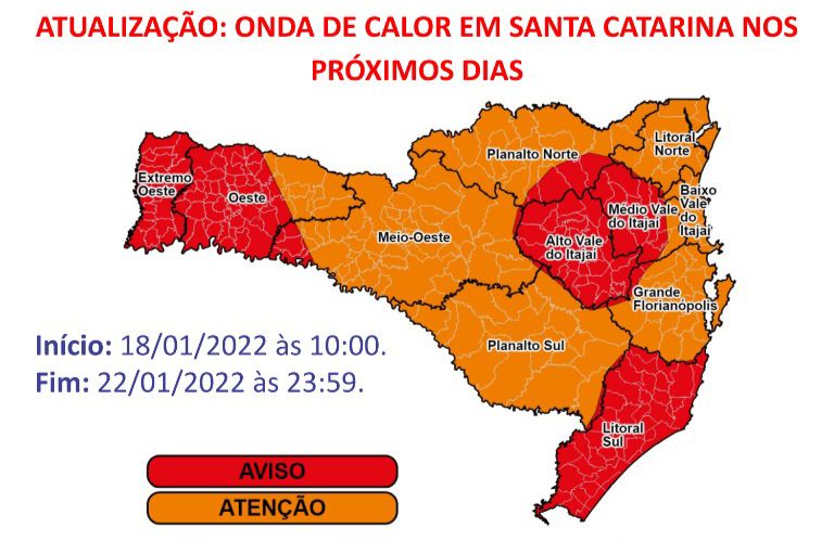 Onda de calor traz alerta &#8220;especial&#8221; para áreas em vermelho no mapa &#8211; Foto: Defesa Civil/Divulgação/ND