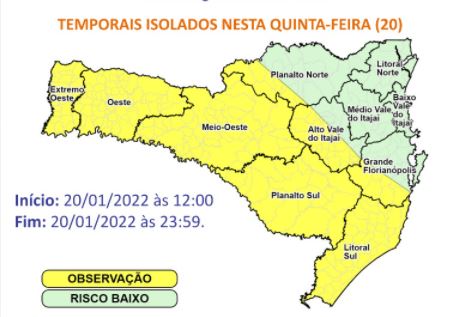 Aviso de temporais isolados para quinta-feira em SC – Foto: DCSC/Reprodução/ND