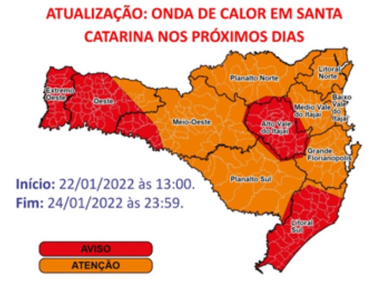 Mapa elaborado pela Defesa Civil mostra onda de calor pelo Estado &#8211; Foto: DCSC/Divulgação/ND