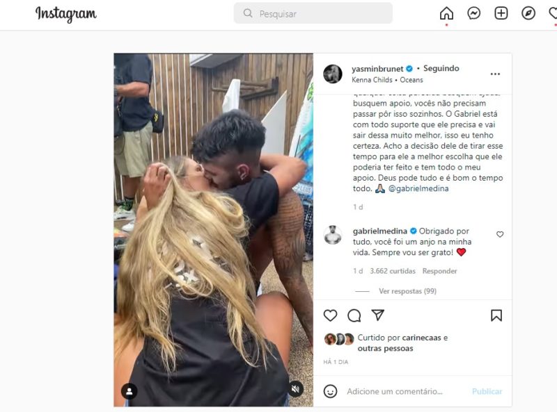 Gabriel Medina e Yasmin já davam sinais na internet de que não estavam mais juntos – Foto: Reprodução/Internet