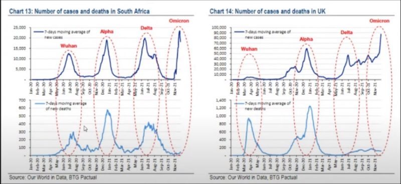 O número de internações (gráfico abaixo) durantes as diferentes “ondas” de Covid-19 no Reino Unido e África do Sul. A propagação da variante Ômicron foi a que resultou em menos hospitalizações- Foto: Our World In Data/BTG Pacutal/Divulgação/ND