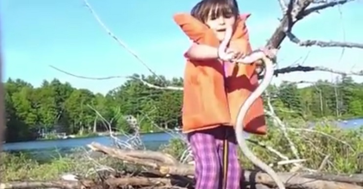Momento em que a criança segura a cobra e brinca com ela