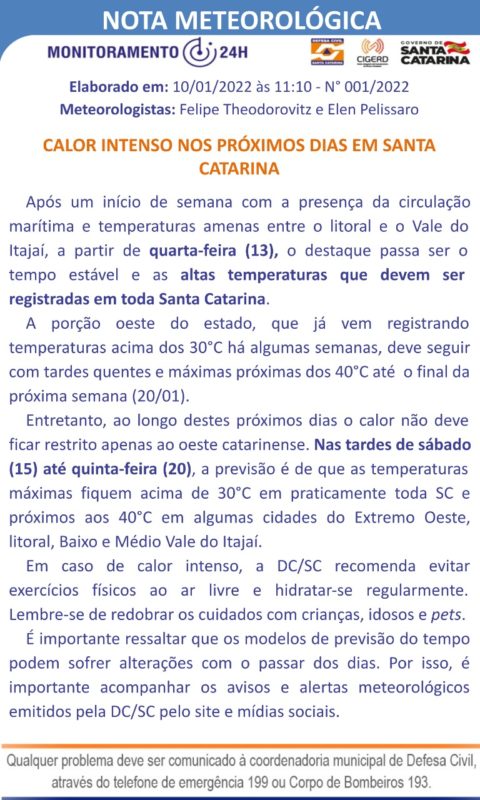 O alerta foi feito na segunda (10) e se estende até metade do mês de janeiro de 2022 &#8211; Foto: Defesa Civil/Divulgação/ND