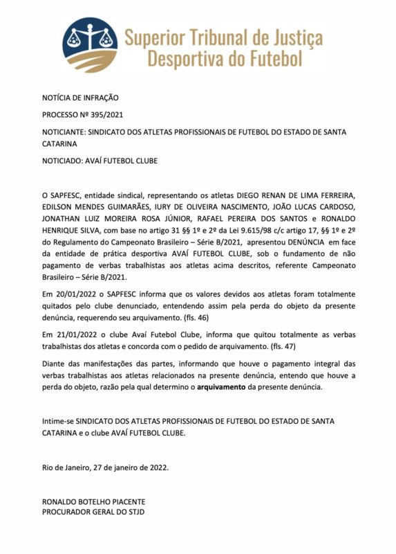 Den&uacute;ncia contra o Ava&iacute; por falta de pagamentos foi arquivada. – Foto: STJD/reprodu&ccedil;&atilde;o