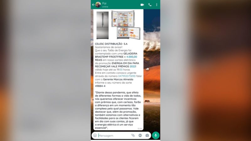 Golpe &eacute; aplicado pelo WhatsApp, segundo a Celesc – Foto: Celesc/Divulga&ccedil;&atilde;o/ND
