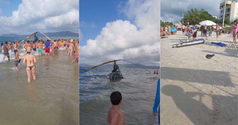 Helicóptero caiu na praia de Canasvieiras &#8211; Foto: Divulgação/Internet