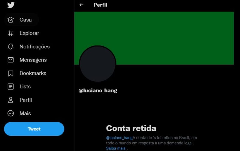 Mensagem do Twitter ao acessar a conta de Luciano Hang – Foto: Internet/Reprodu&ccedil;&atilde;o/ND