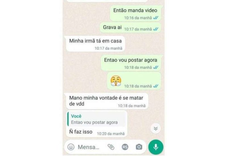 Mensagem mostra amea&ccedil;a de suspeito contra crian&ccedil;a – Foto: Pol&iacute;cia Civil/Reprodu&ccedil;&atilde;o/ND