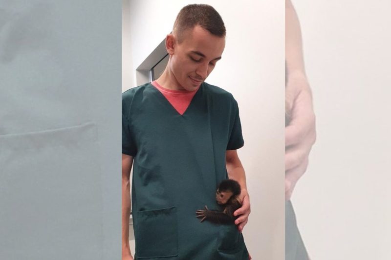 O filhote de macaco foi resgatado de uma po&ccedil;a de lama e estava debilitado (Chiquinho junto com o m&eacute;dico veterin&aacute;rio Igor Martins) – Foto: Arquivo pessoal/Divulga&ccedil;&atilde;o/ND