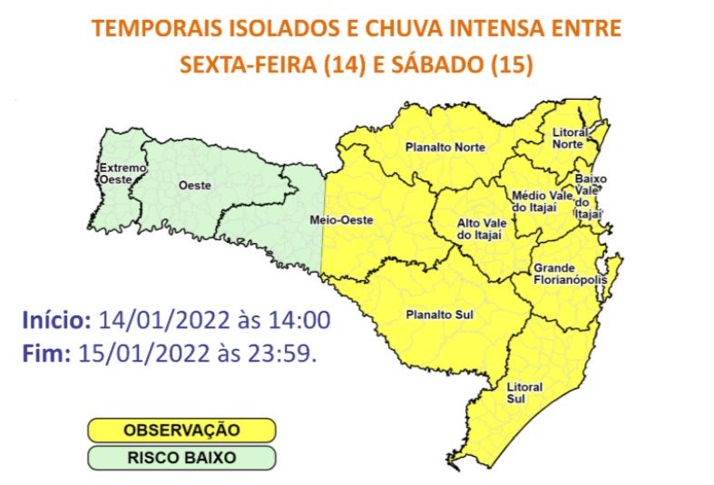 Regiões em amarelo tem alerta de observação para riscos de ocorrências por conta de temporais &#8211; Foto: DCSC/Divulgação/ND