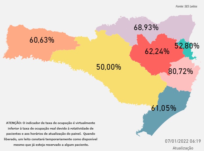 Taxa de ocupa&ccedil;&atilde;o de leitos de UTI em SC por regi&atilde;o – Foto: SES/Divulga&ccedil;&atilde;o/ND