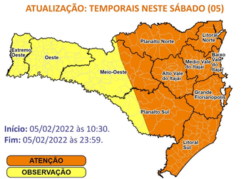 Nas &aacute;reas em amarelo, o risco para temporal &eacute; ameno – Foto: Defesa Civil/Divulga&ccedil;&atilde;o/ND