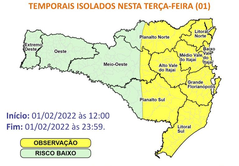 SC tem alerta de chuvas fortes e atenção nas áreas em amarelo do mapa – Foto: Defesa Civil/Divulgação/ND