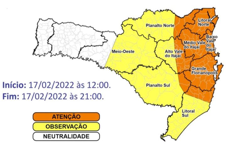 Imagem mostra mapa de SC onde tem alerta de atenção sinalizado de laranja e observação em amarelo