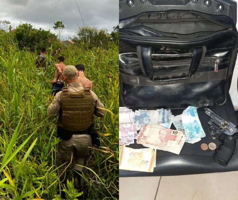 Com eles a pol&iacute;cia encontrou mais de R$ 2 mil e um rev&oacute;lver calibre .38; criminosos j&aacute; tinham passagens pela pol&iacute;cia – Foto: Policia Militar/Reprodu&ccedil;&atilde;o/ND