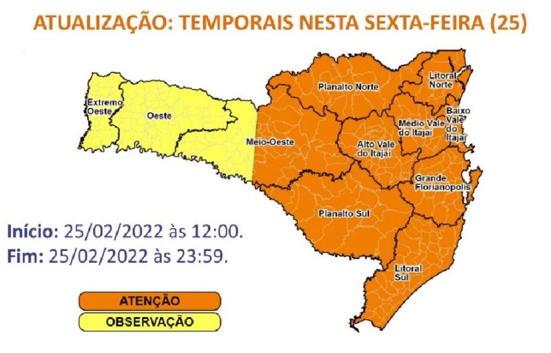 Atualiza&ccedil;&atilde;o mostra que &aacute;reas em laranja tem maior risco de ocorr&ecirc;ncias por conta das condi&ccedil;&otilde;es clim&aacute;ticas – Foto: DCSC/Divulga&ccedil;&atilde;o/ND