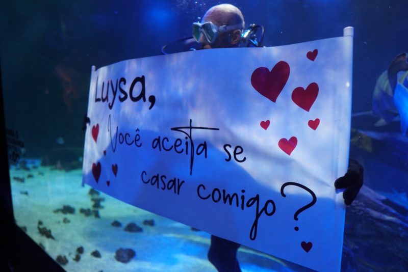 Mergulhador foi o “meio de transporte” para o pedido de casamento – Foto: Matheus Nunes – Movie/ Oceanic Aquarium