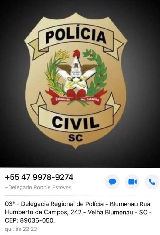 Whatsapp de golpistas tem nome de delegado de Blumenau, informa&ccedil;&otilde;es da Delegacia Regional e bras&atilde;o da Pol&iacute;cia Civil – Foto: Reprodu&ccedil;&atilde;o/Internet/ND