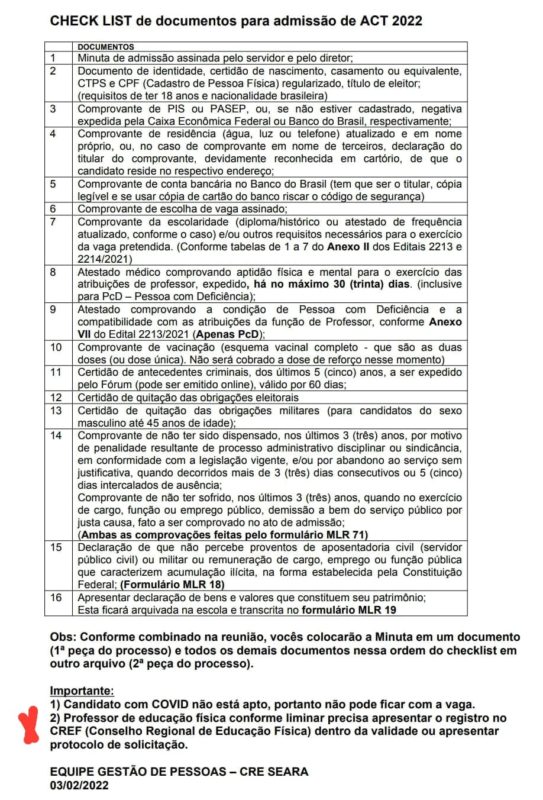 Documento recebido por professores diz que “candidato com Covid n&atilde;o est&aacute; apto. Portanto, n&atilde;o pode ficar com a vaga”. – Foto: Divulga&ccedil;&atilde;o/ND