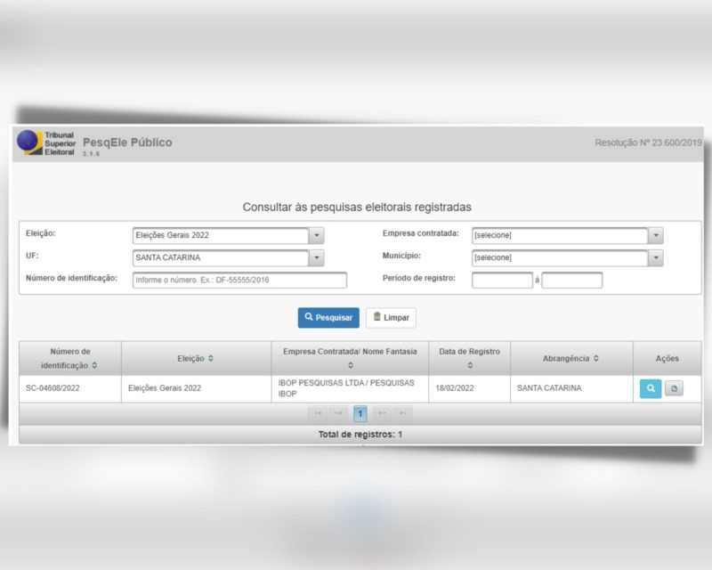 Registro da pesquisa no sistema do TSE – Foto: Reprodu&ccedil;&atilde;o/ND