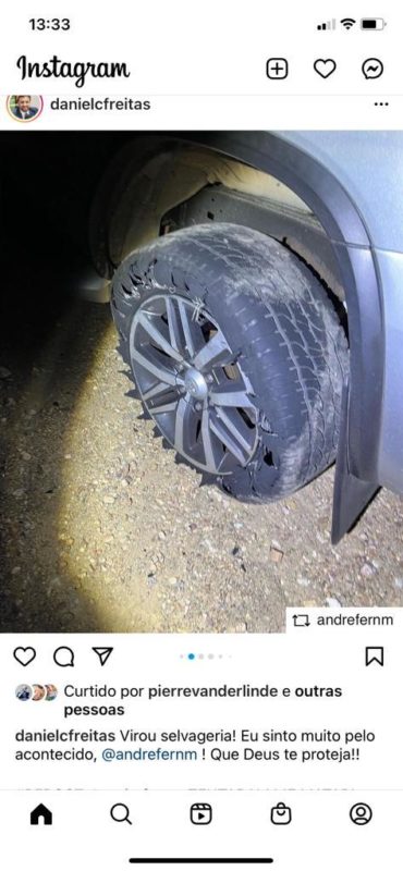 A foto publicada e repostada pelo deputado catarinense mostra o pneu de um carro atingido por disparos de arma de fogo. – Foto: Reprodu&ccedil;&atilde;o/Redes Sociais