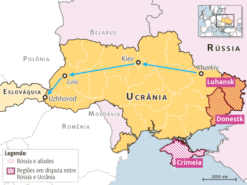 Mapa do trajeto dos brasileiros durante a fuga da Ucr&acirc;nia at&eacute; a Eslov&aacute;quia. – Foto: Arte Rog&eacute;rio Moreira/ND