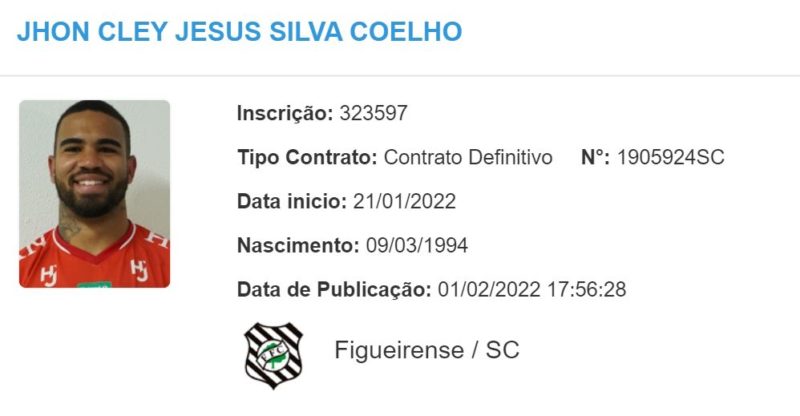 Jhon Cley &eacute; regularizado no BID da CBF e j&aacute; pode estrear pelo Figueirense – Foto: CBF/Reprodu&ccedil;&atilde;o/ND