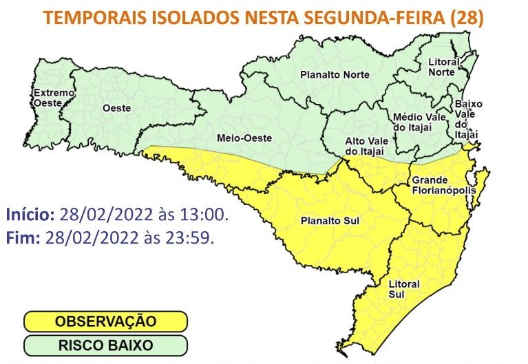 Regi&otilde;es da por&ccedil;&atilde;o Sul de Santa Catarina est&atilde;o em observa&ccedil;&atilde;o para ocorr&ecirc;ncias associadas &agrave;s chuvas – Foto: Defesa Civil/Divulga&ccedil;&atilde;o/ND