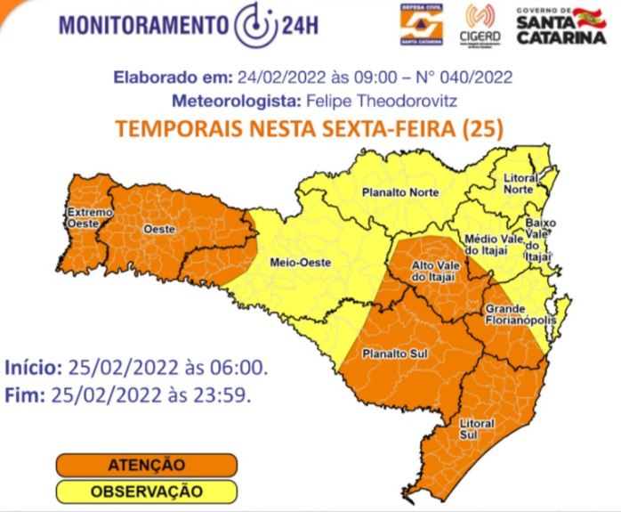 Regi&otilde;es em laranja t&ecirc;m risco alto para ocorr&ecirc;ncia por conta das condi&ccedil;&otilde;es clim&aacute;ticas – Foto: DCSC/Divulga&ccedil;&atilde;o/ND