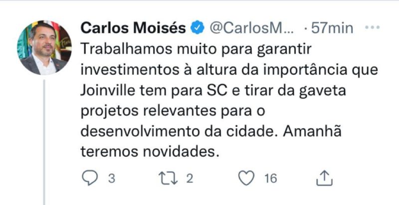 Tweet governador &eacute; sobre Plano 1000 para Joinville e outras cidades da regi&atilde;o norte. – Foto: Reprodu&ccedil;&atilde;o Internet