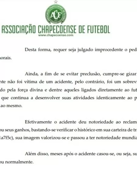 Segundo a Chapecoense, sobrevivente n&atilde;o merece indeniza&ccedil;&atilde;o – reprodu&ccedil;&atilde;o/ND