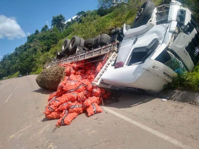 O motorista ficou sem os freios e acabou saindo da pista – Foto: Policia Militar Rodovi&aacute;ria de Santa Catarina/Divugla&ccedil;&atilde;o/ND