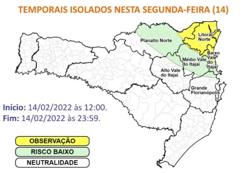 Alerta de chuva forte a partir das 12h desta segunda-feira – Foto: DCSC/Divulga&ccedil;&atilde;o/ND