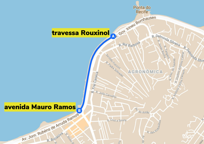 &Aacute;rea de abrang&ecirc;ncia do projeto na Beira-Mar Norte &eacute; entre a travessa Rouxinol e a avenida Mauro Ramos – Foto: Arte: Altair Magagnin/ND