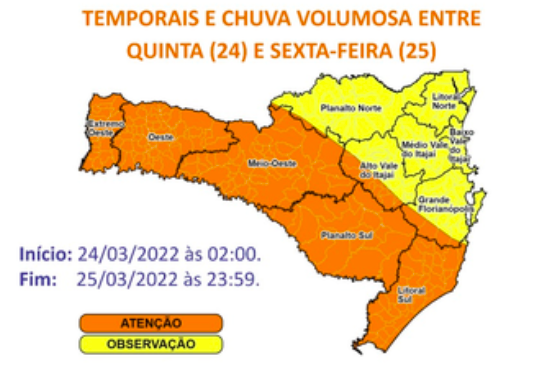 As chuvas devem ser volumosas entre quinta (24) e sexta (25) &#8211; Foto: Defesa Civil/Divulgação/ND