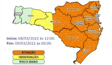 Alerta para chuvas com raios ao longo das próximas horas nesta terça-feira (8) em Santa Catarina &#8211; Foto: Defesa Civil/Divulgação/ND