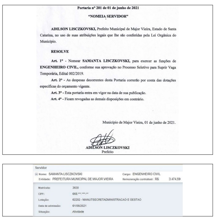 documentos que mostram nomeação da filha do prefeito